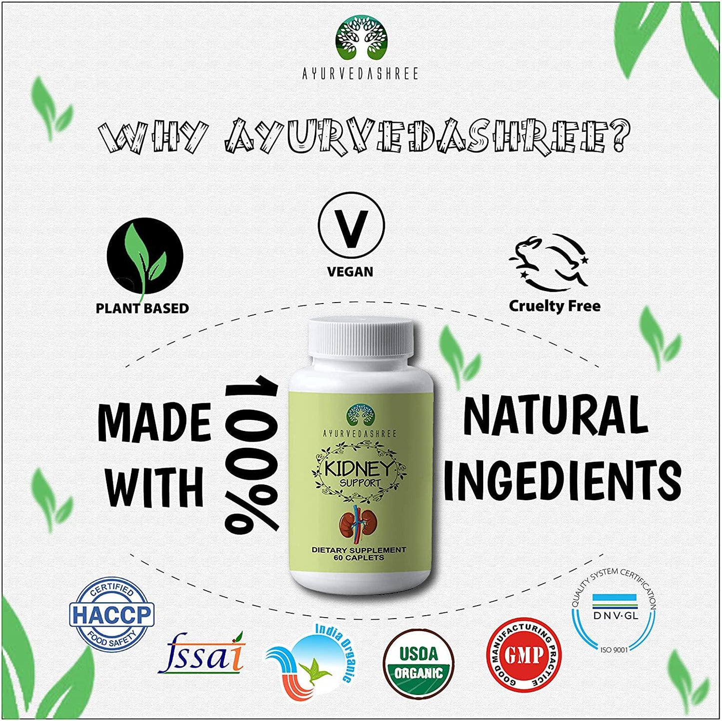 AYURVEDASHREE Kidney Support Herbal Supplement - Detoxify and Rejuvenate, Supports Healthy Kidney Function, Vegan, Gluten-Free, Kosher, GMP Certified, USDA Organic Certified - Each Caplet of 1000 MG