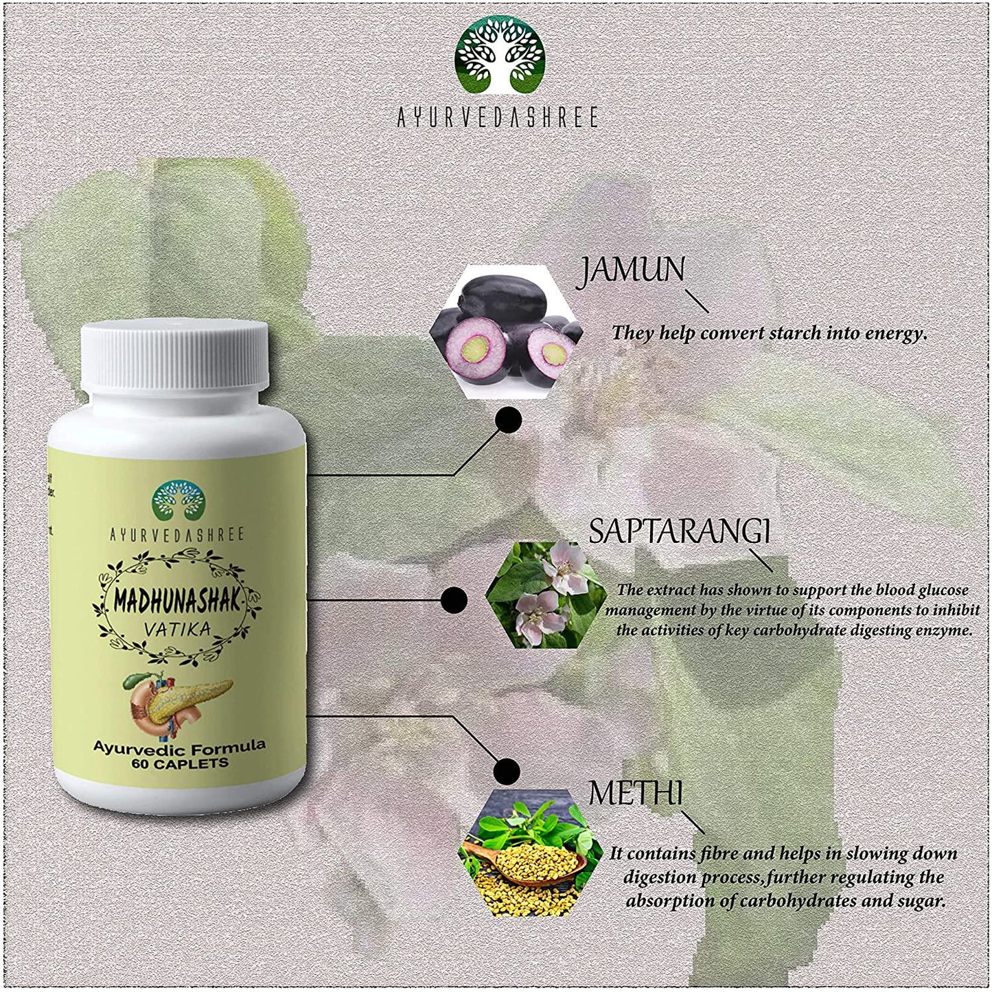 AYURVEDASHREE Madhunashak Vatika 60 Caplets | Each Caplet Contains 1000 MG Extract of Natural Herbs | an Ayurvedic Formula