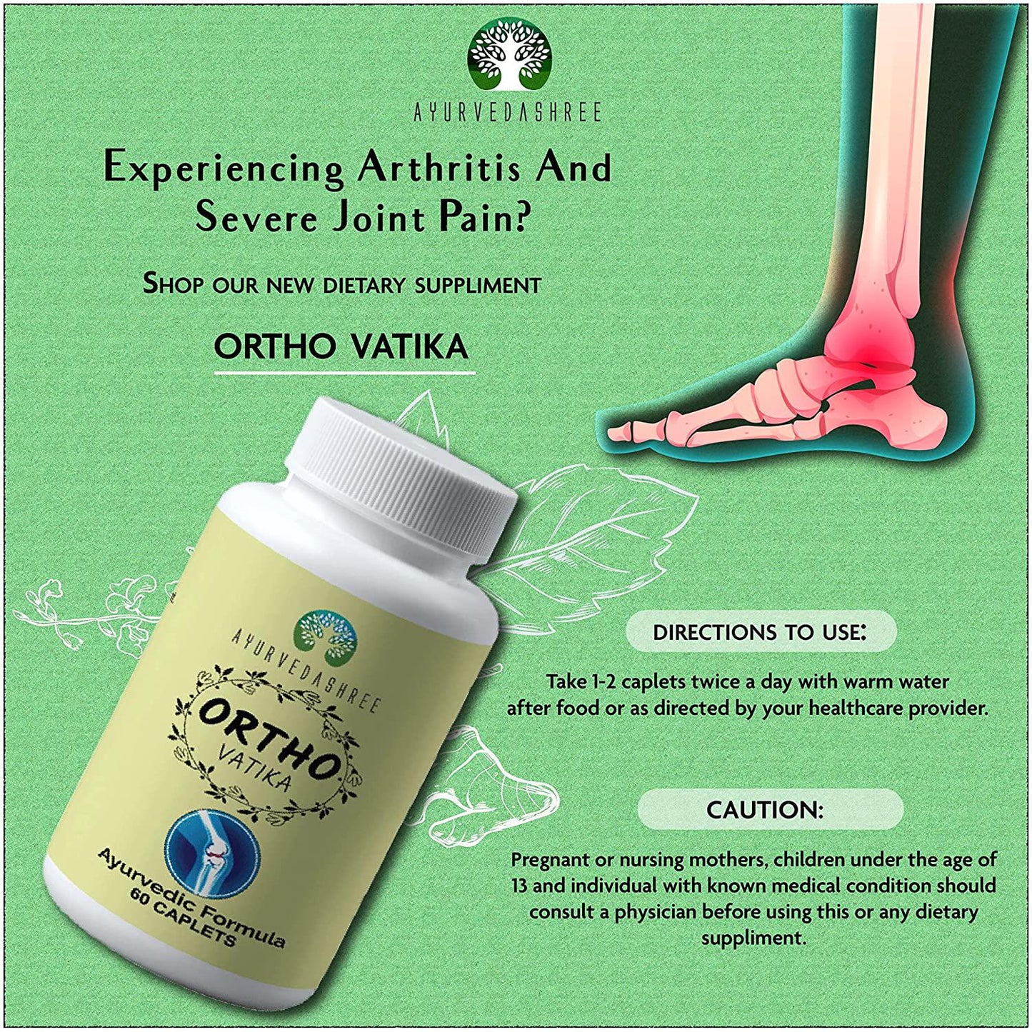 AYURVEDASHREE Ortho Vatika 60 Caplets | Ortho Herb | Orthoherb | Boswellia Serrata Herb | 60 Caplets of 1000 MG | Each 1000 MG Caplet Contains Extract of 8 Natural Herbs and Omega-3