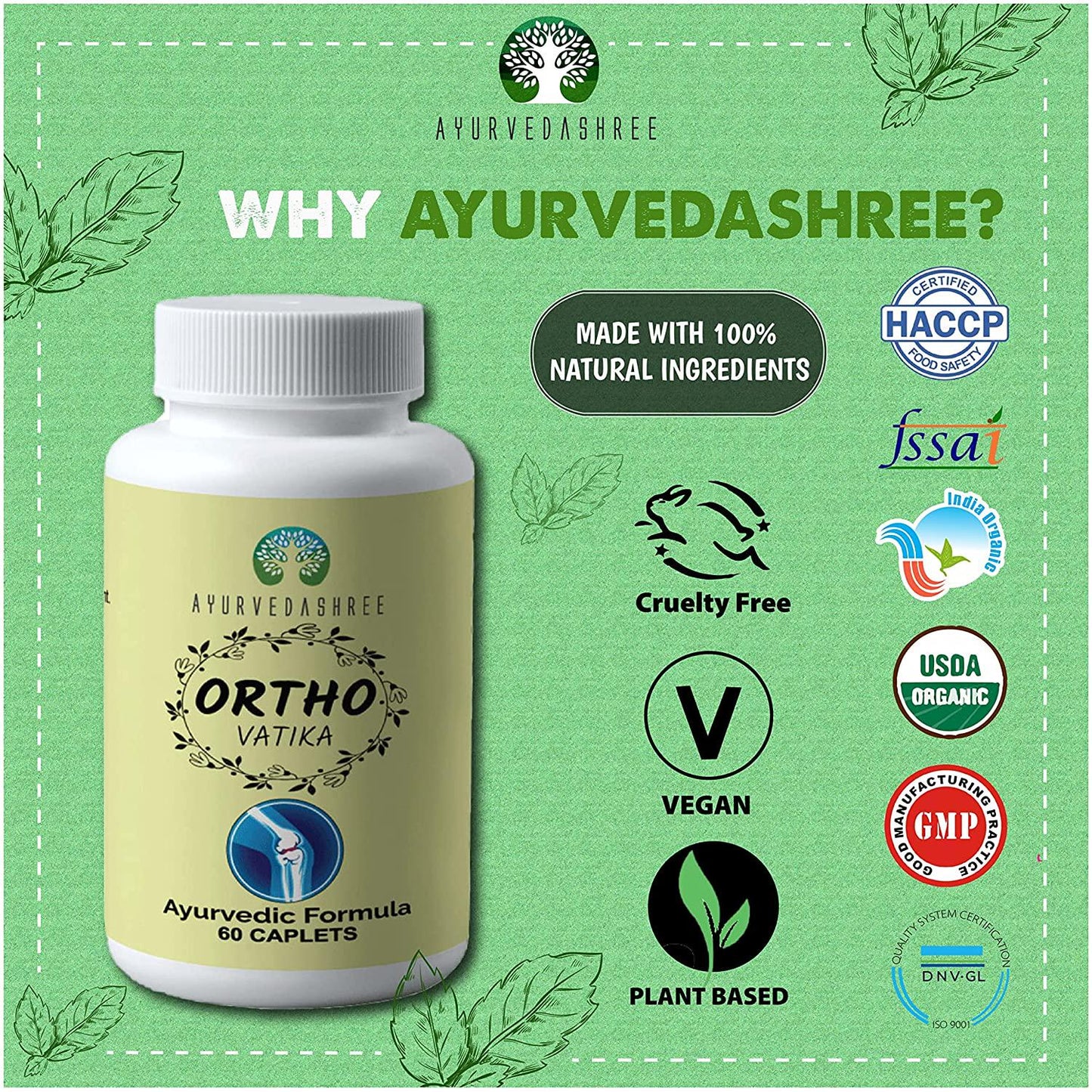 AYURVEDASHREE Ortho Vatika 60 Caplets | Ortho Herb | Orthoherb | Boswellia Serrata Herb | 60 Caplets of 1000 MG | Each 1000 MG Caplet Contains Extract of 8 Natural Herbs and Omega-3