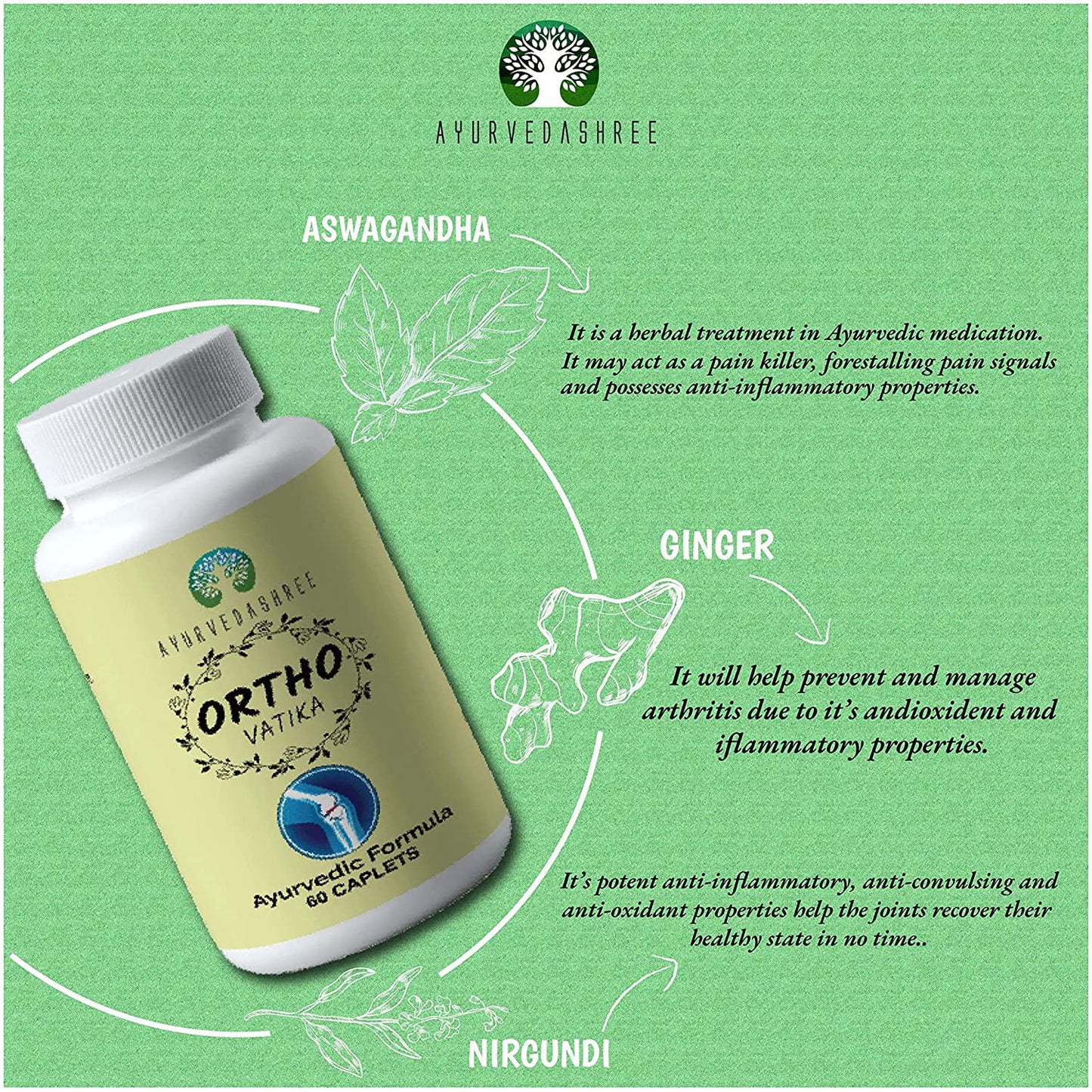 AYURVEDASHREE Ortho Vatika 60 Caplets | Ortho Herb | Orthoherb | Boswellia Serrata Herb | 60 Caplets of 1000 MG | Each 1000 MG Caplet Contains Extract of 8 Natural Herbs and Omega-3