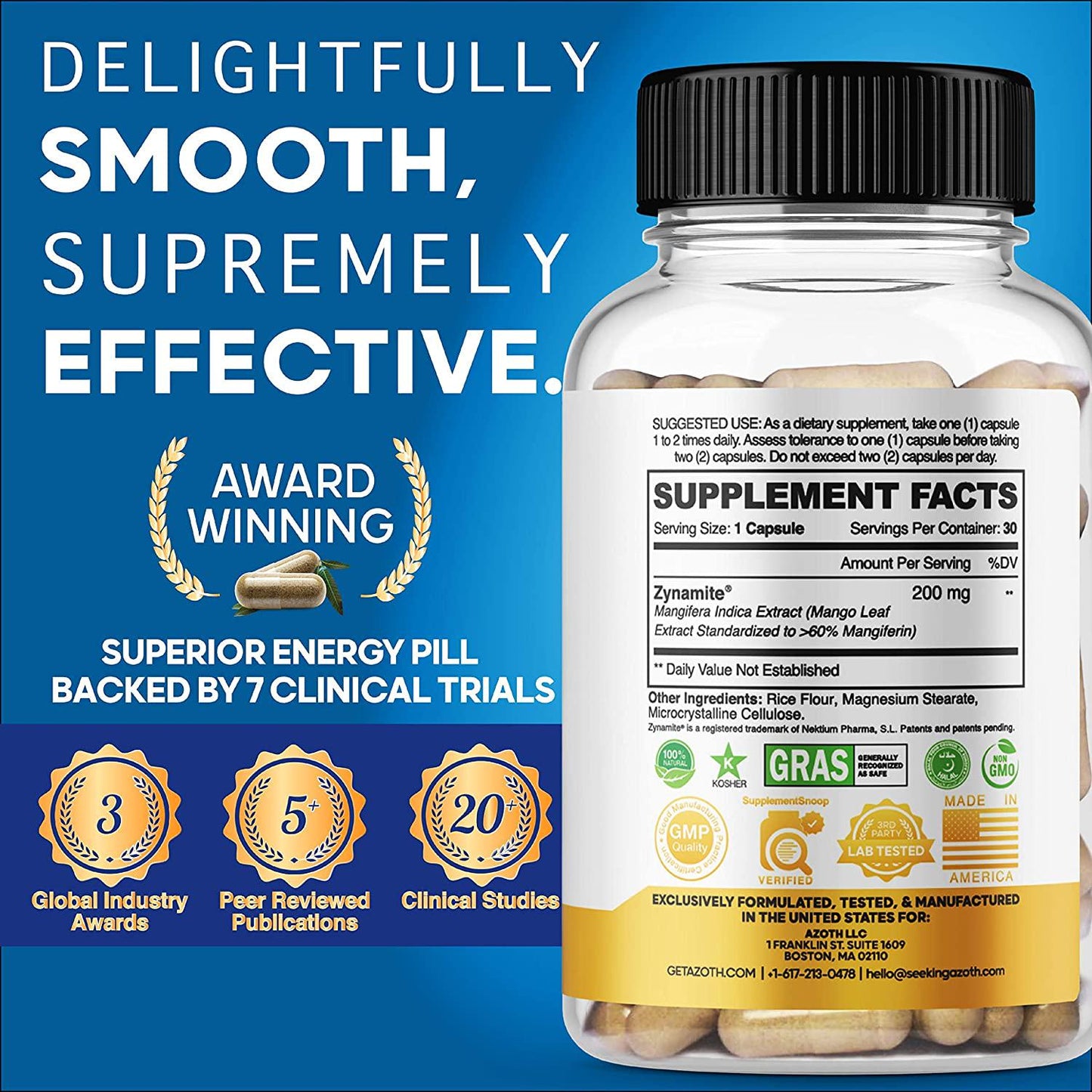 AZOTH Pure Zynamite Energy Supplement - Boost Energy and Focus, Decrease Fatigue, Increase Brain Power and Physical Performance - 100% Mangifera Indica Extract Nootropic - 30 Crash-Free Energy Pills