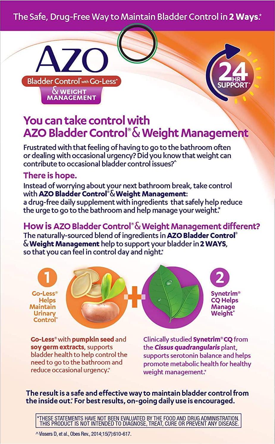 AZO Bladder Control with Go-LessÂ and Weight Management Dietary Supplement | Safely Helps Reduce Occasional Urgency* | Promotes Healthy Metabolism* | Supports a Good Night s Sleep* | 48 Capsules