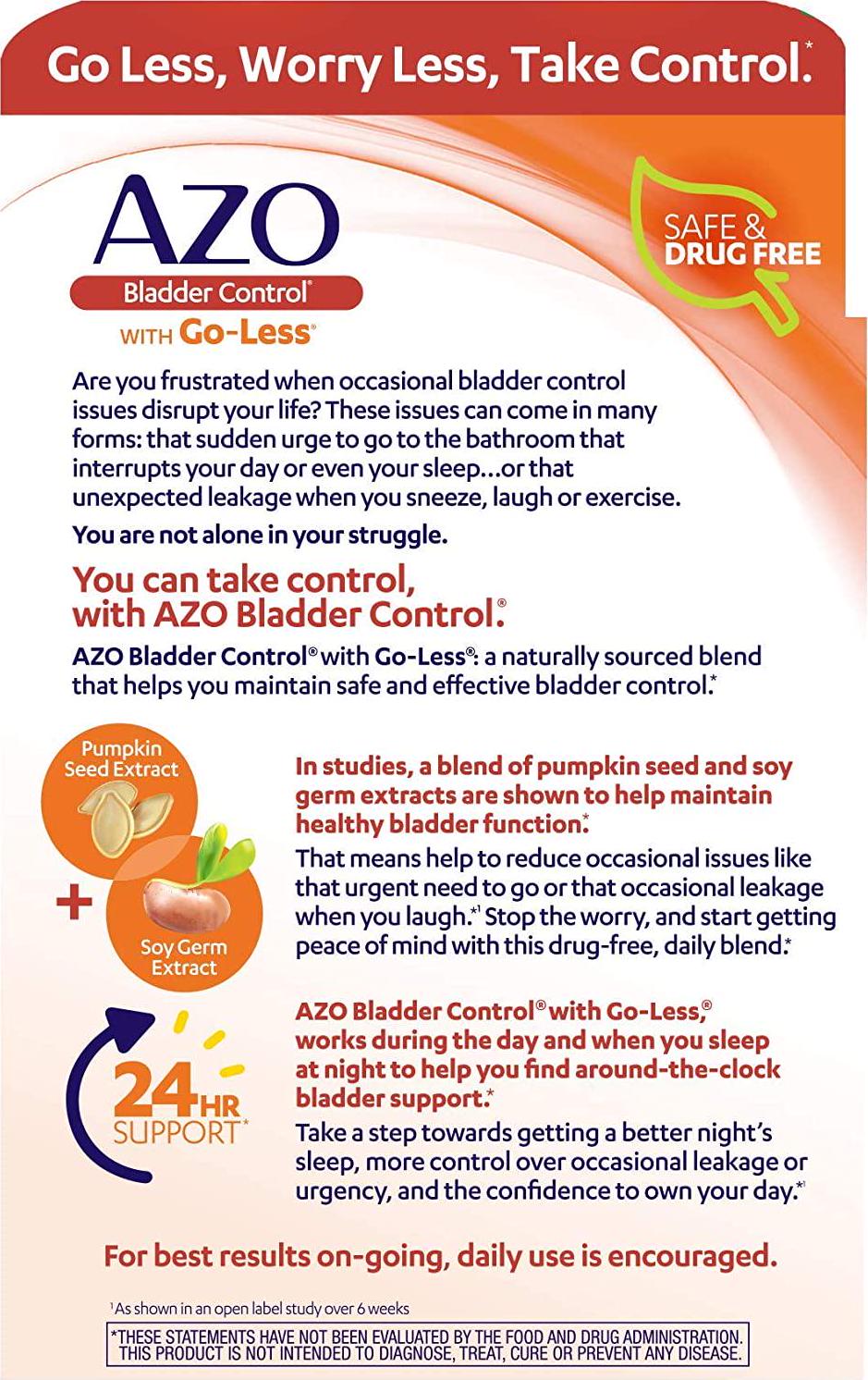 AZO Bladder Control with Go-Less Daily Supplement | Helps Reduce Occasional Urgency* | Helps reduce occasional leakage due to laughing, sneezing and exercise | 72 Capsules