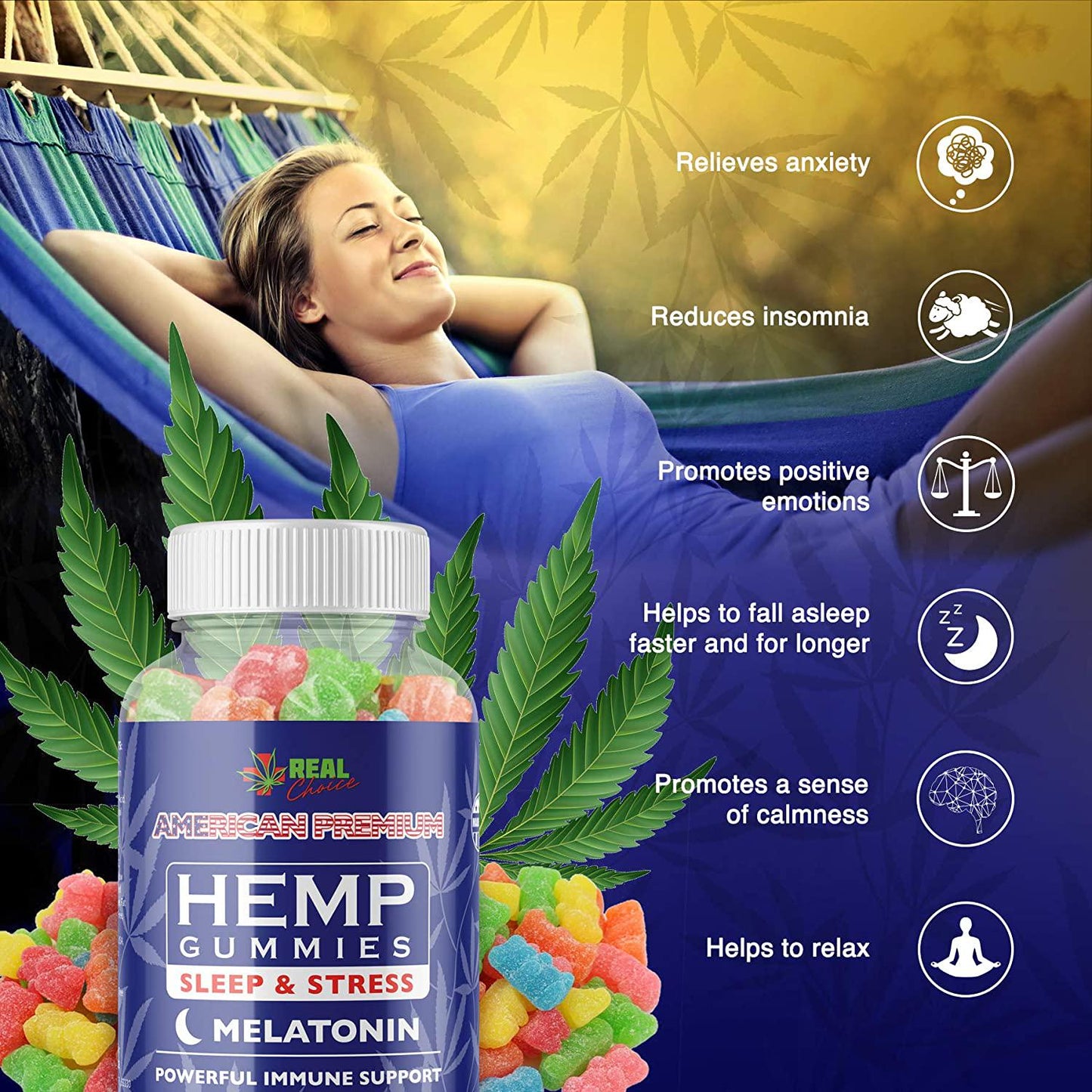 A REAL CHOICE PREMIUM HEMP MELATONIN GUMMIES - Made in USA - Supports Deep Restful Sleep and Relaxation. Mood and Immune Support - Fast Results - ADULTS ONLY