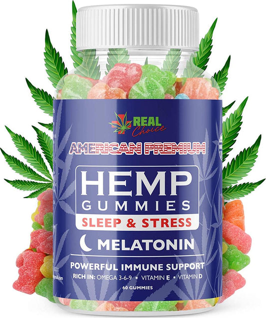 A REAL CHOICE PREMIUM HEMP MELATONIN GUMMIES - Made in USA - Supports Deep Restful Sleep and Relaxation. Mood and Immune Support - Fast Results - ADULTS ONLY