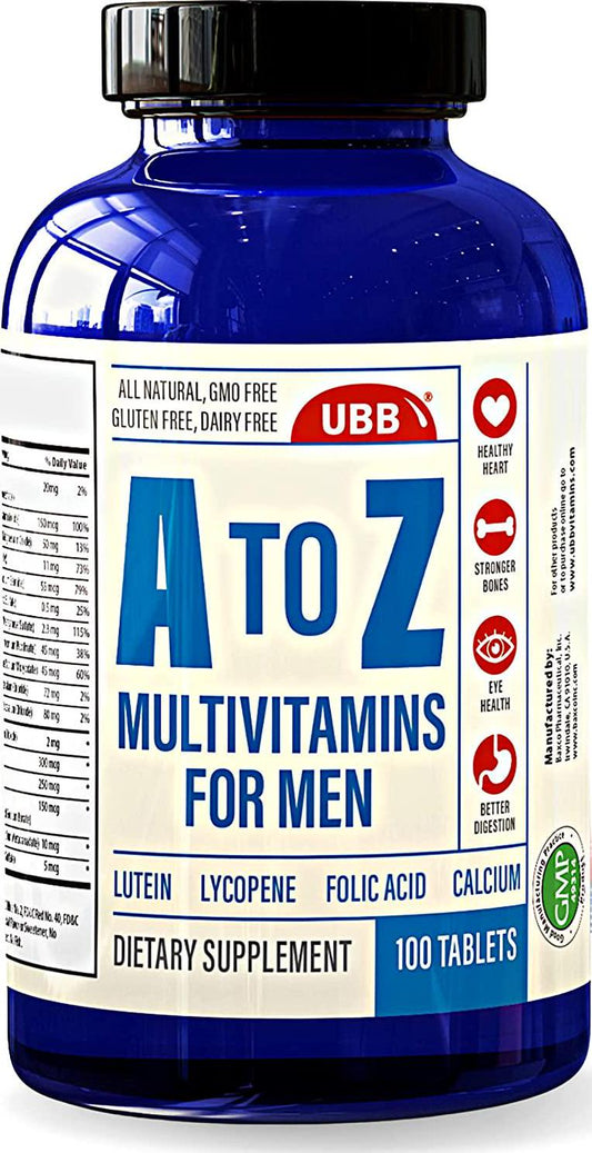 A to Z Multivitamin and Multimineral Supplment for Men - Vitamins A C D E K B1 B2 B6 B12. Magnesium, Calcium Biotin, Potassium, Zinc - Antioxidant Properties for Heart and Immune Health (100 Count)
