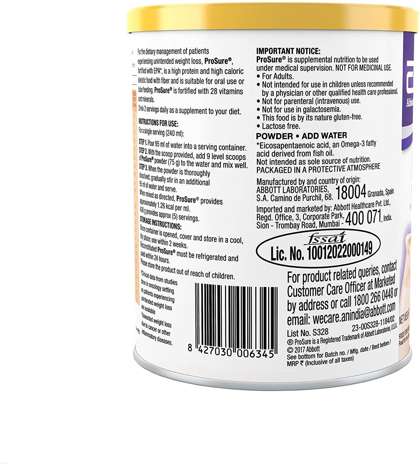 Abbott Prosure Nutritional Drink - 400 g (Orange) for Weight Gain Nutrition Cachexia Lean Mass Gain Anorexia