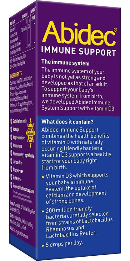 Abidec Immune Support – 2 in 1 Drops - Vitamin D + Millions of Friendly Bacteria – For Babies from Birth to 3 Years - 1 Month’s Supply