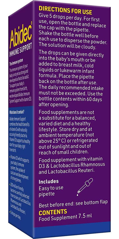 Abidec Immune Support – 2 in 1 Drops - Vitamin D + Millions of Friendly Bacteria – For Babies from Birth to 3 Years - 1 Month’s Supply