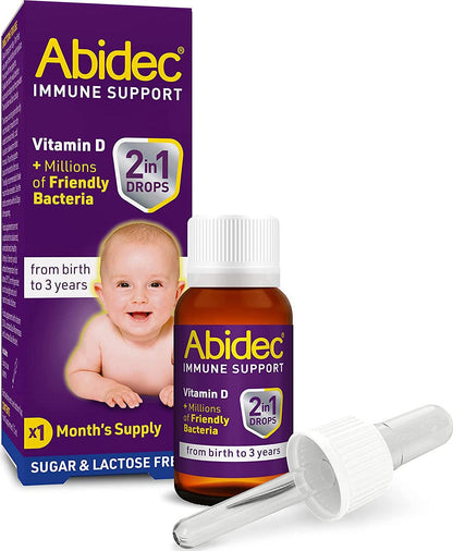 Abidec Immune Support – 2 in 1 Drops - Vitamin D + Millions of Friendly Bacteria – For Babies from Birth to 3 Years - 1 Month’s Supply