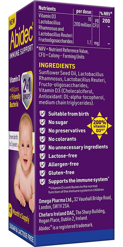 Abidec Immune Support – 2 in 1 Drops - Vitamin D + Millions of Friendly Bacteria – For Babies from Birth to 3 Years - 1 Month’s Supply