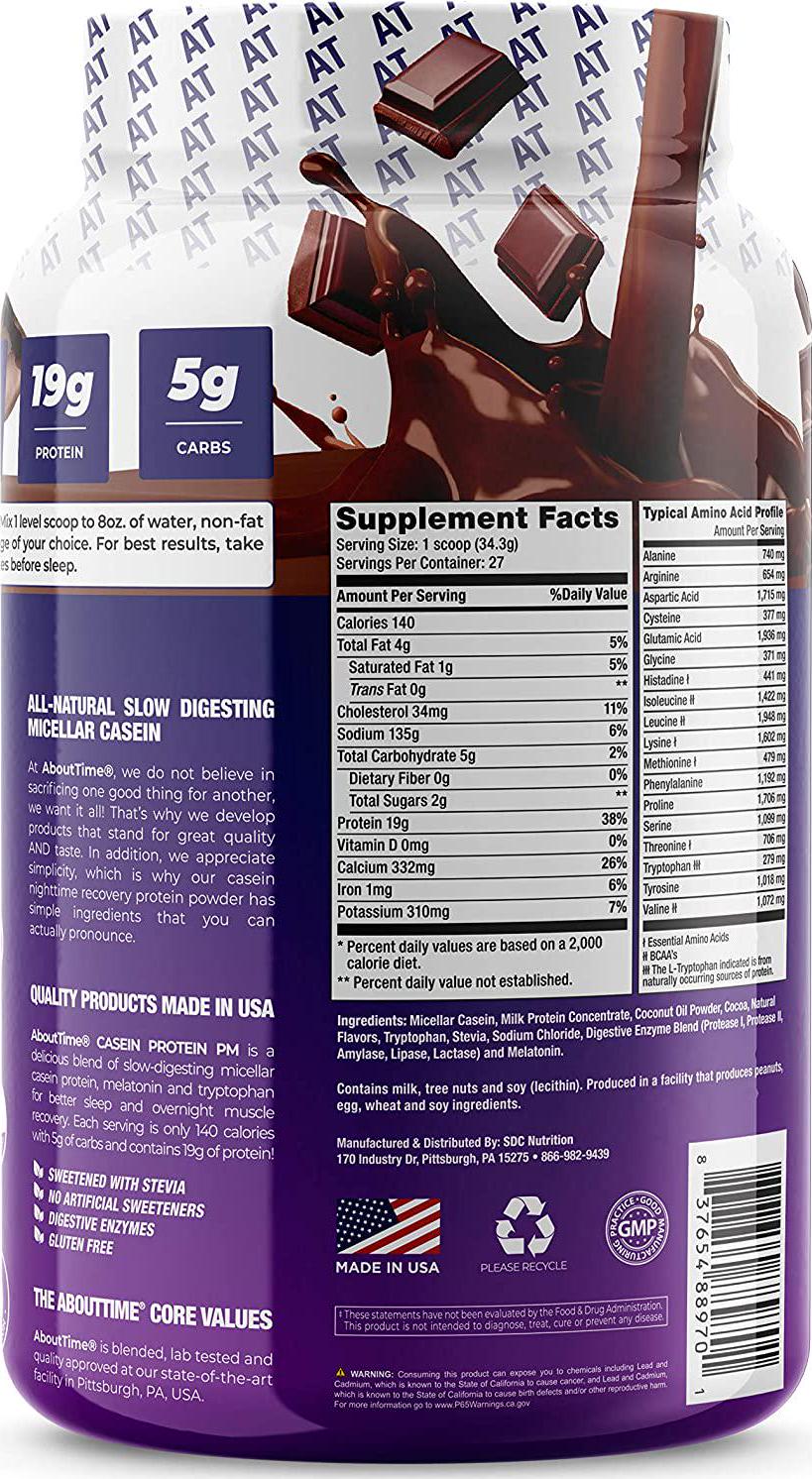 About Time Casein Protein Chocolate 2lb - 19g Protein, Nighttime Recovery Formula, No Artificial Sweeteners, No Growth Hormones