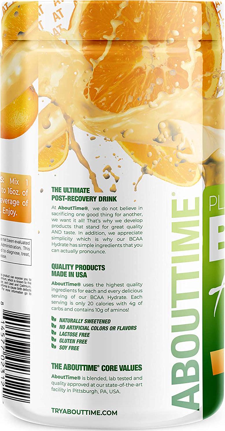 About Time Plant Based BCAA Hydrate Clear with L-Glutamine and Electrolytes (Non-GMO, Gluten Free, Monk Fruit) - Orange Cream, 20 Servings