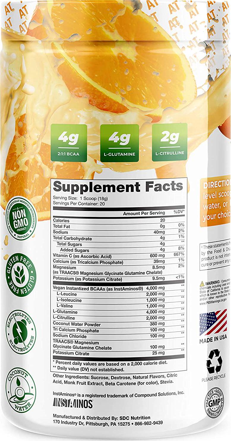 About Time Plant Based BCAA Hydrate Clear with L-Glutamine and Electrolytes (Non-GMO, Gluten Free, Monk Fruit) - Orange Cream, 20 Servings