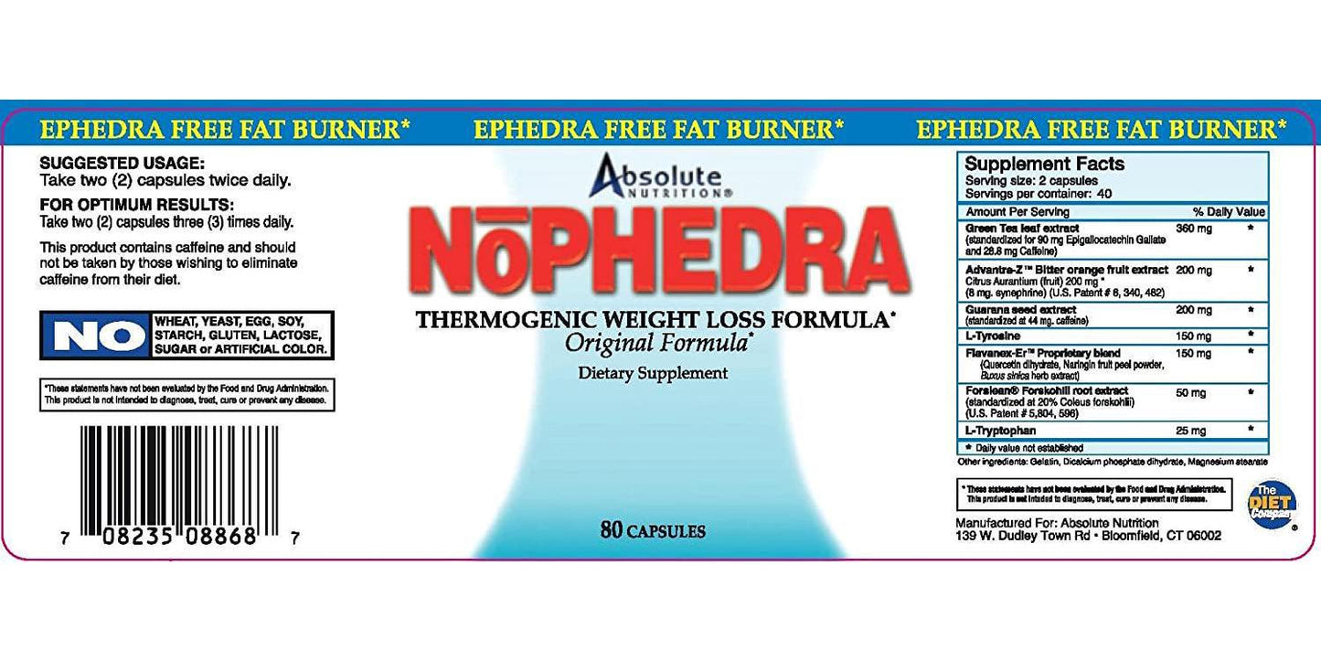 Absolute Nutrition Thermogenic Fat Burners, Nophedra Capsules, 80 Count Bottle
