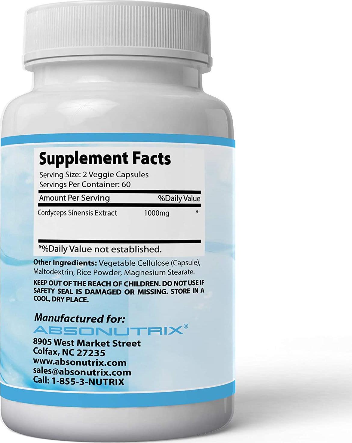 Absonutrix Cordyceps Sinensis Extract |Made in USA |120 Veg Capsules Increased Immunity and Energy Levels