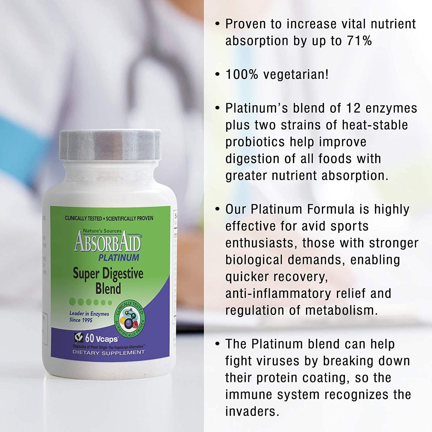 AbsorbAid Platinum Digestive Enzyme Support 60 Vcaps, 12 Digestive Enzymes Plus 2 Probiotics For Maximum Relief!