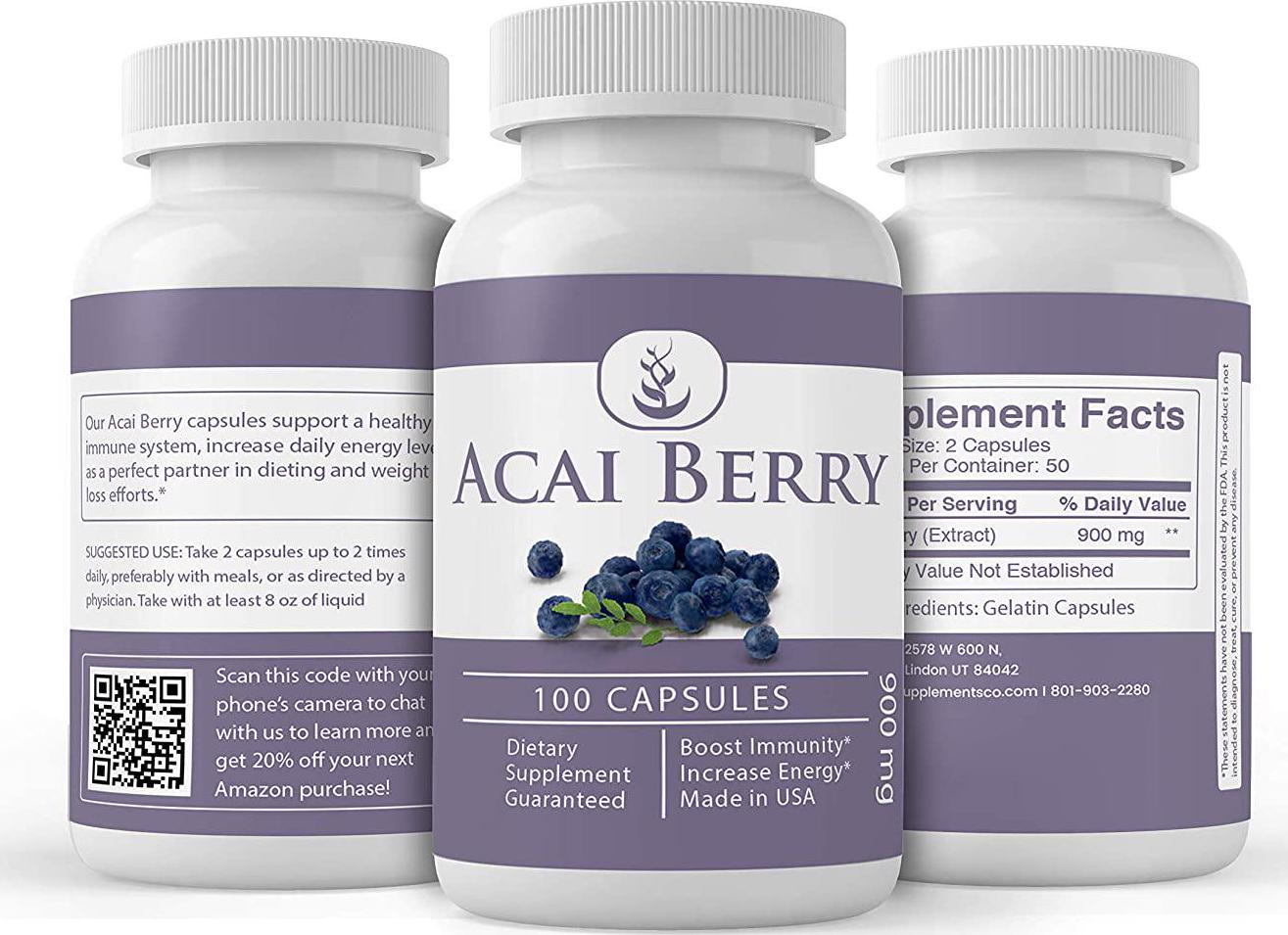 Acai Berry (100 Capsules) 100% Pure and Natural, Non-GMO and Gluten-Free, Made in The USA (900 mg Serving)