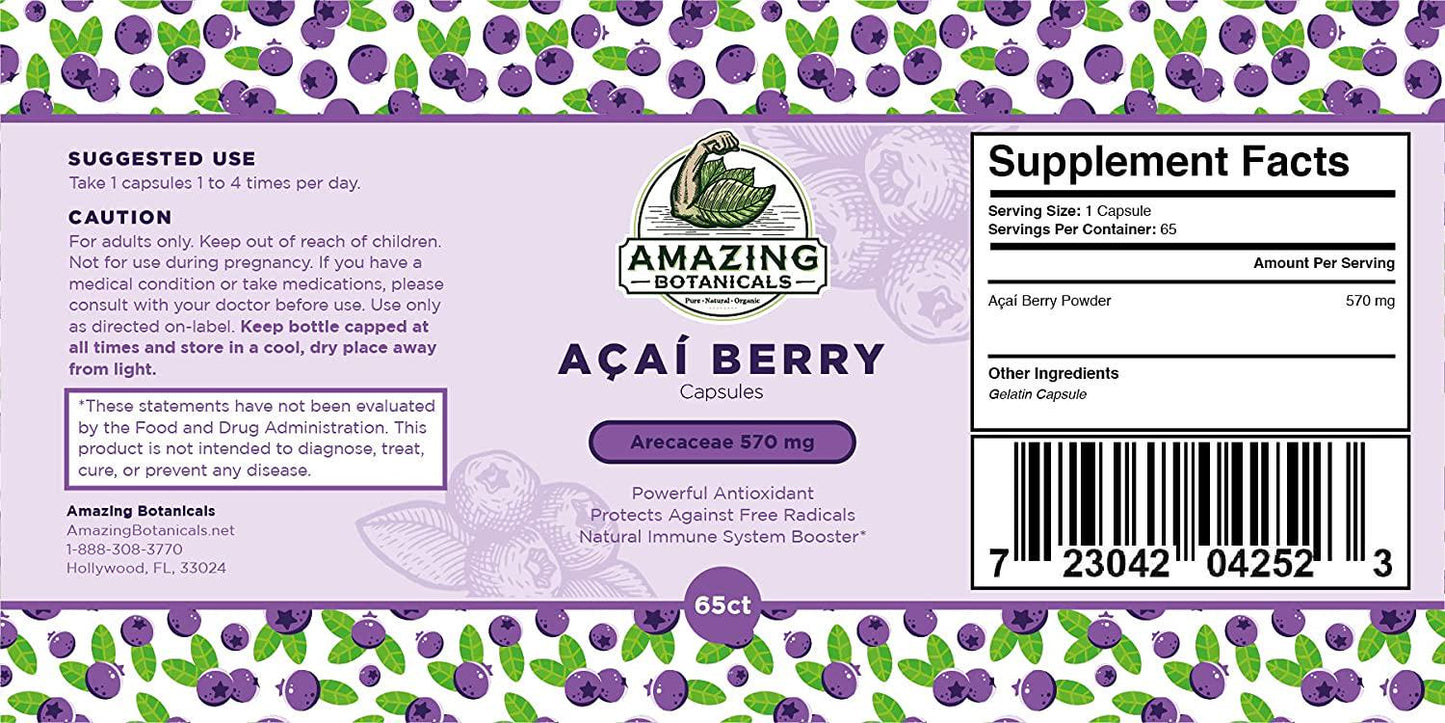Acai Berry Capsules (65 Capsules) 570MG Each | Euterpe Oleracea | Powerful Natural Antioxidant