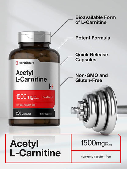 Acetyl L-Carnitine 1500 mg 200 Capsules | ALCAR | Non-GMO, Gluten Free | by Horbaach