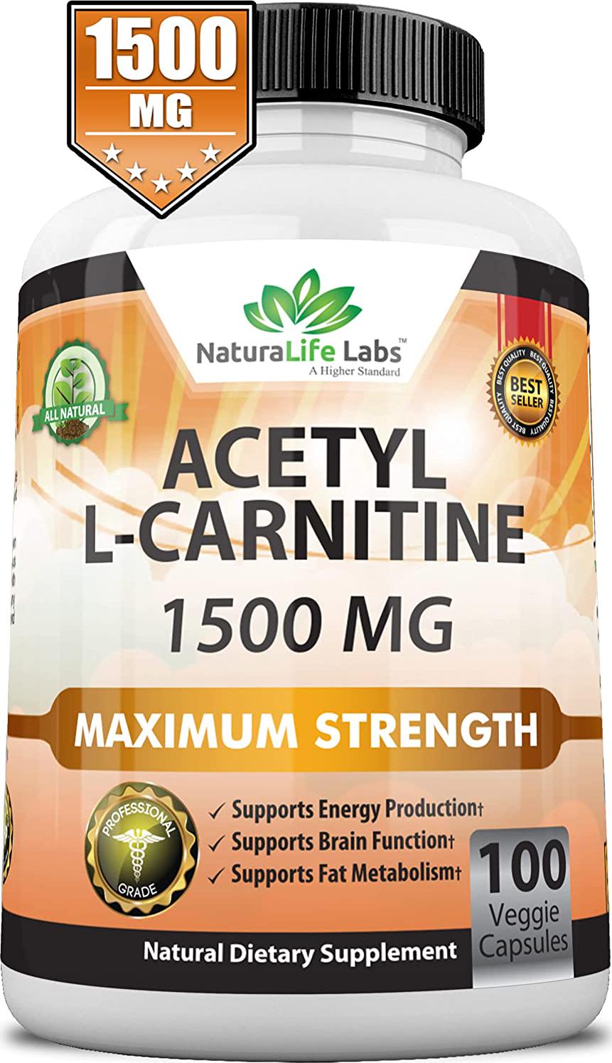 Acetyl L-Carnitine 1,500 mg High Potency Supports Natural Energy Production, Supports Memory/Focus - 100 Veggie Capsules