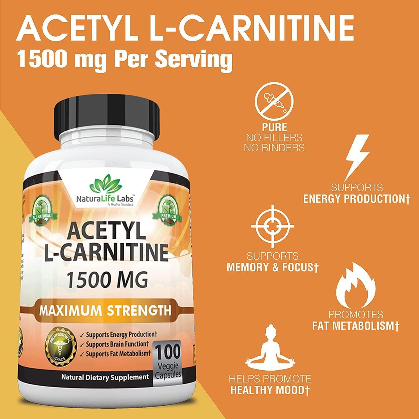 Acetyl L-Carnitine 1,500 mg High Potency Supports Natural Energy Production, Supports Memory/Focus - 100 Veggie Capsules