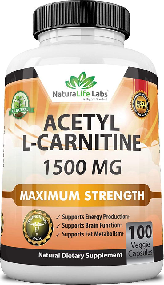 Acetyl L-Carnitine 1,500 mg High Potency Supports Natural Energy Production, Supports Memory/Focus - 100 Veggie Capsules