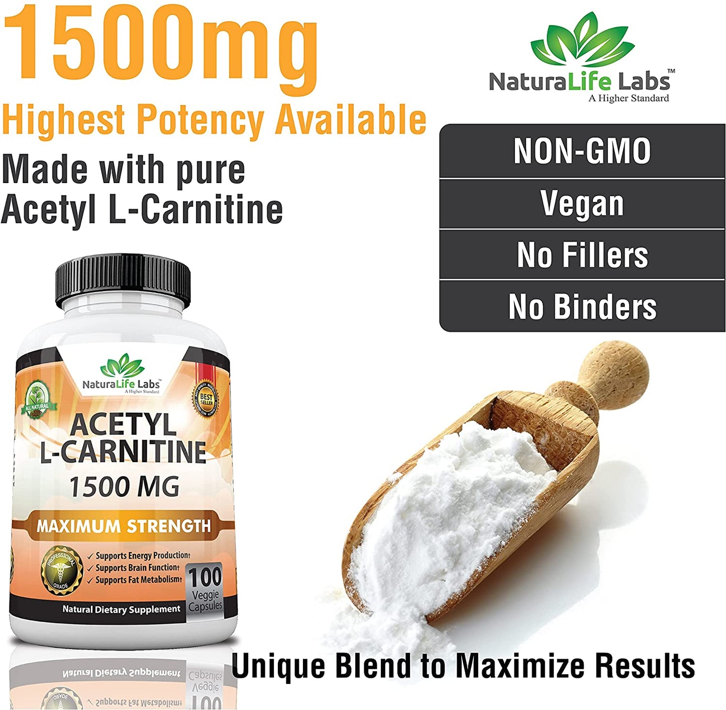 Acetyl L-Carnitine 1,500 mg High Potency Supports Natural Energy Production, Supports Memory/Focus - 100 Veggie Capsules