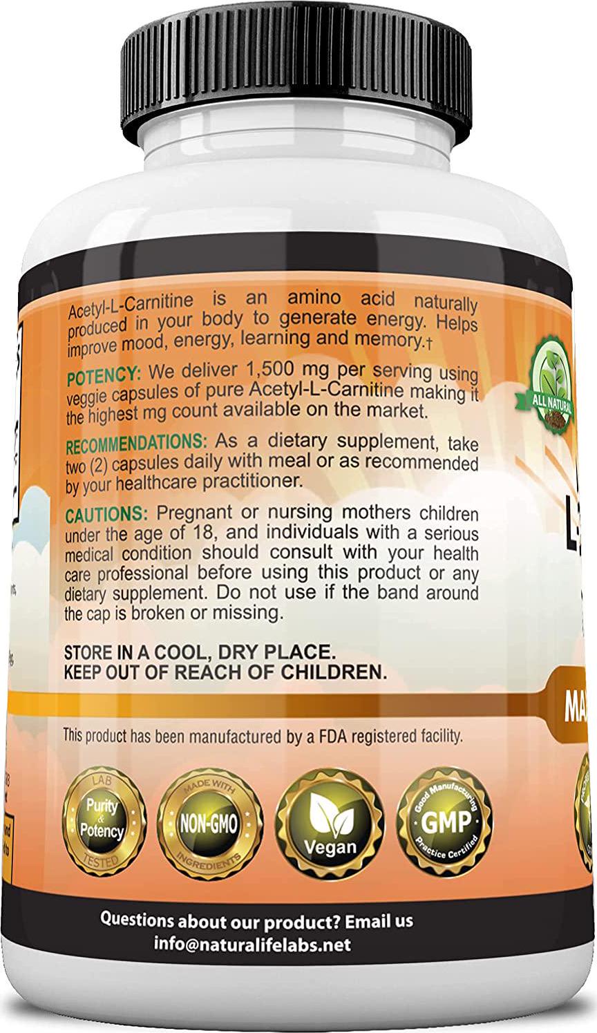 Acetyl L-Carnitine 1,500 mg High Potency Supports Natural Energy Production, Supports Memory/Focus - 100 Veggie Capsules