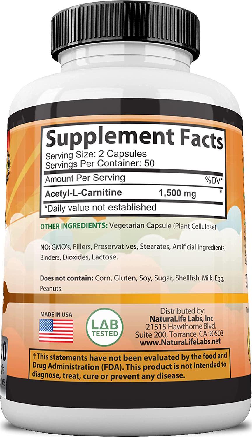 Acetyl L-Carnitine 1,500 mg High Potency Supports Natural Energy Production, Supports Memory/Focus - 100 Veggie Capsules