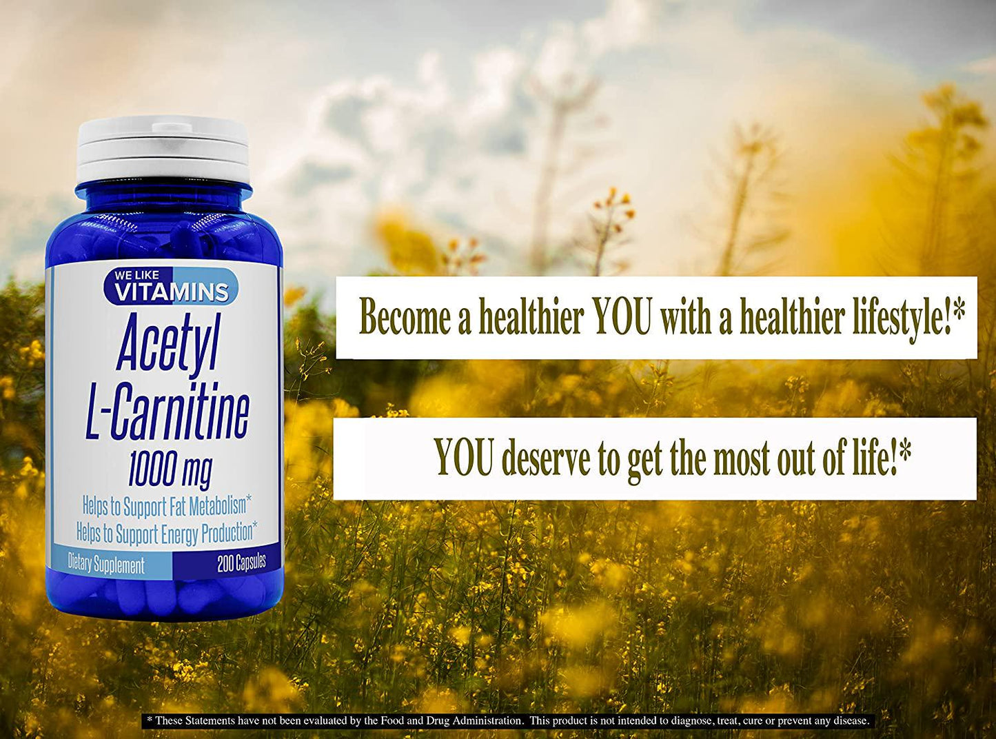 Acetyl L-Carnitine 1000mg (per Serving, 100 Servings) 200 Capsules - 100 Day Supply - Acetyl l carnitine Supplement