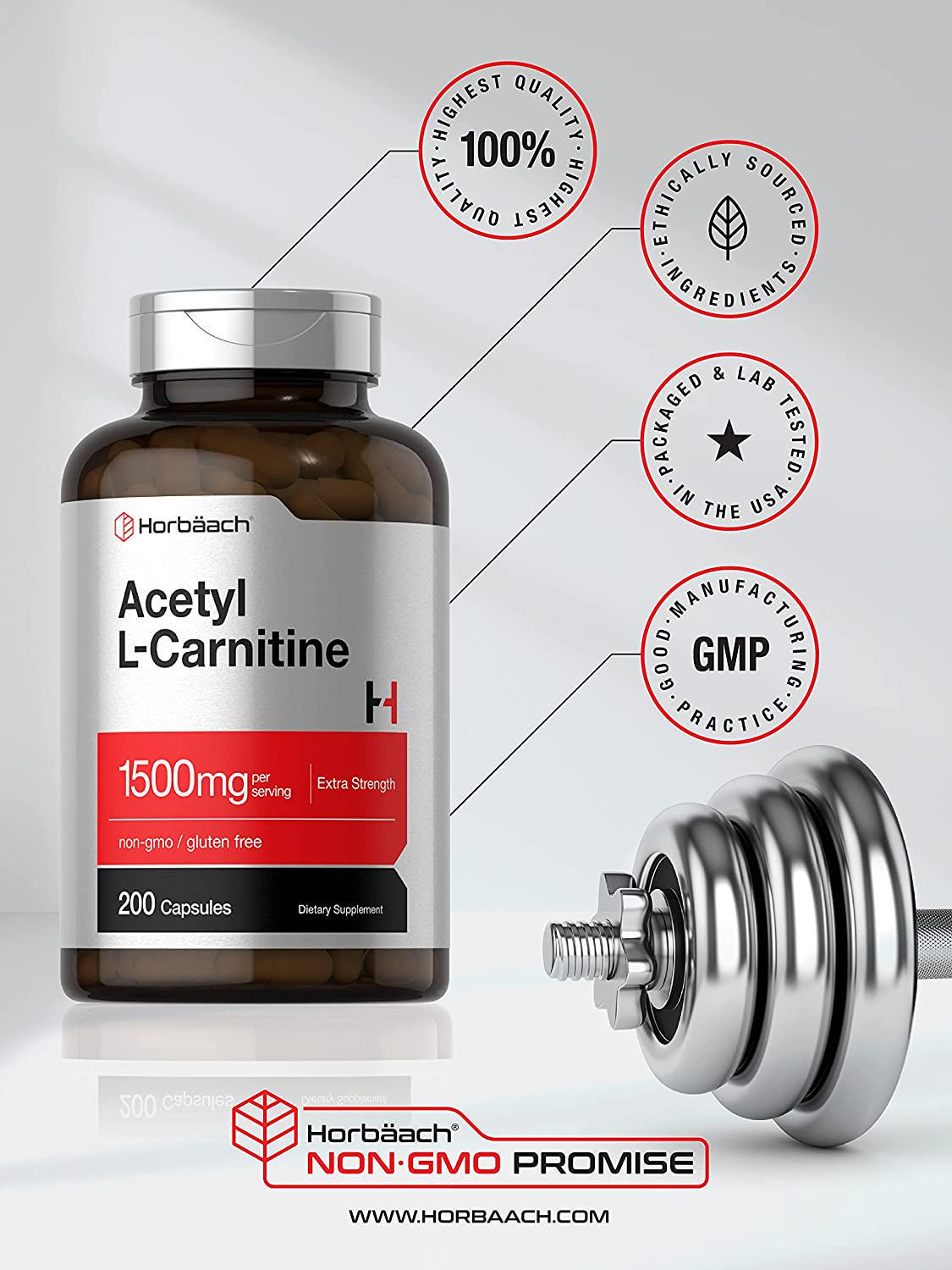 Acetyl L-Carnitine 1500 mg 200 Capsules | ALCAR | Non-GMO, Gluten Free | by Horbaach