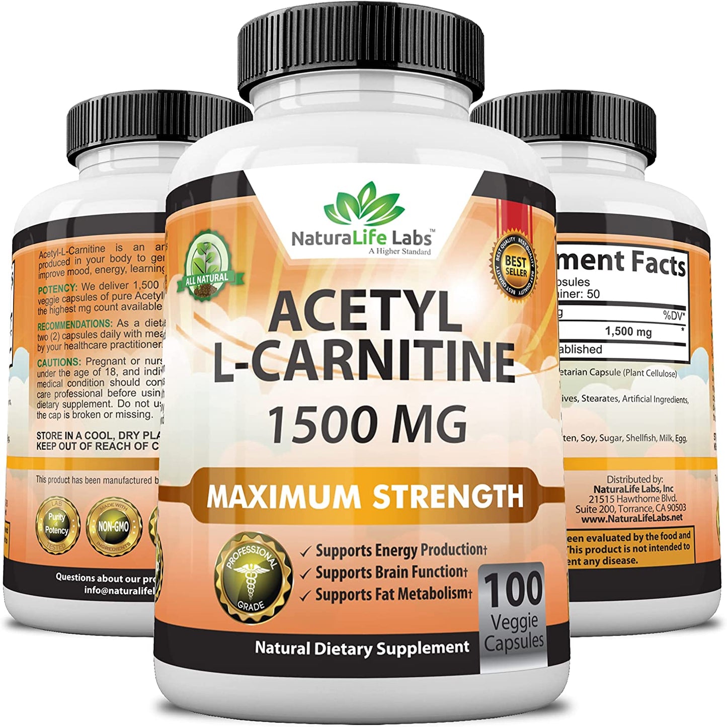 Acetyl L-Carnitine 1,500 mg High Potency Supports Natural Energy Production, Supports Memory/Focus - 100 Veggie Capsules