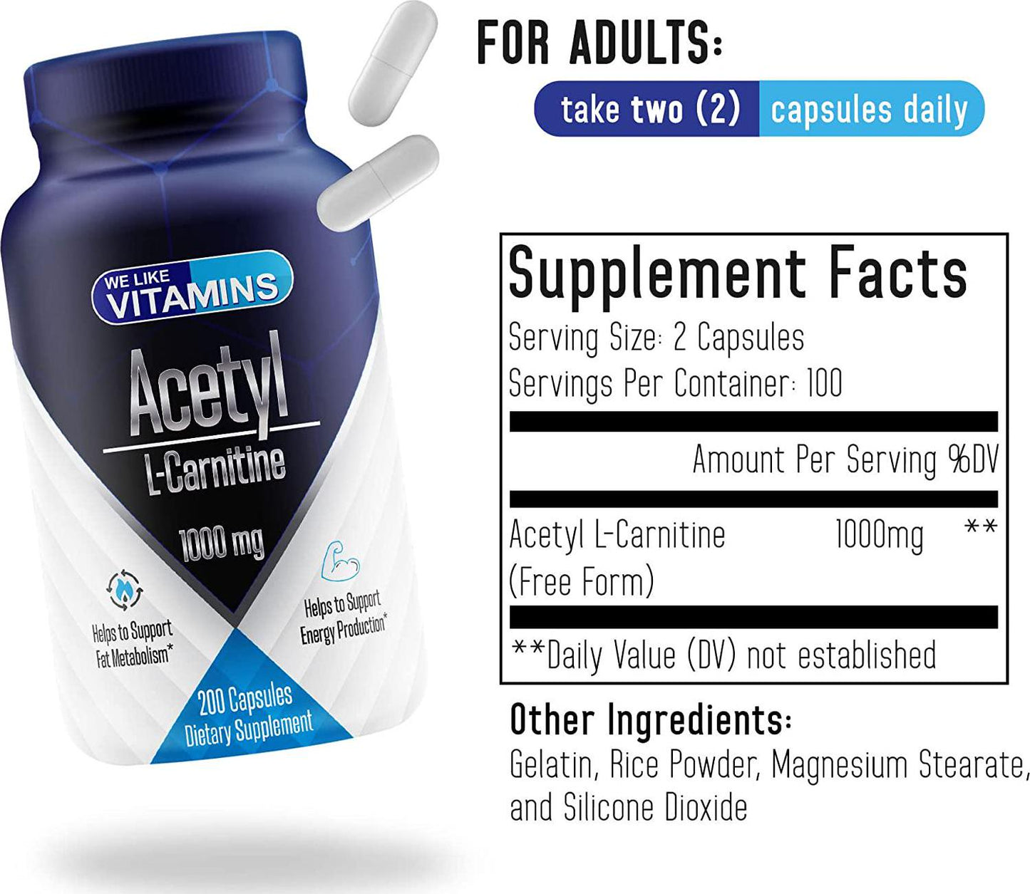 Acetyl L-Carnitine 1000mg (per Serving, 100 Servings) 200 Capsules - 100 Day Supply - Acetyl l carnitine Supplement