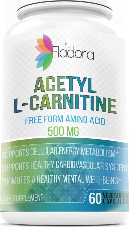 Acetyl L-Carnitine 500mg, Nootropic Supports High Energy Production, Cardiovascular Health and Cognition, Wholefood Dietary Supplement by Fladora, 60 Vegetarian Capsules, Non-GMO and Gluten Free