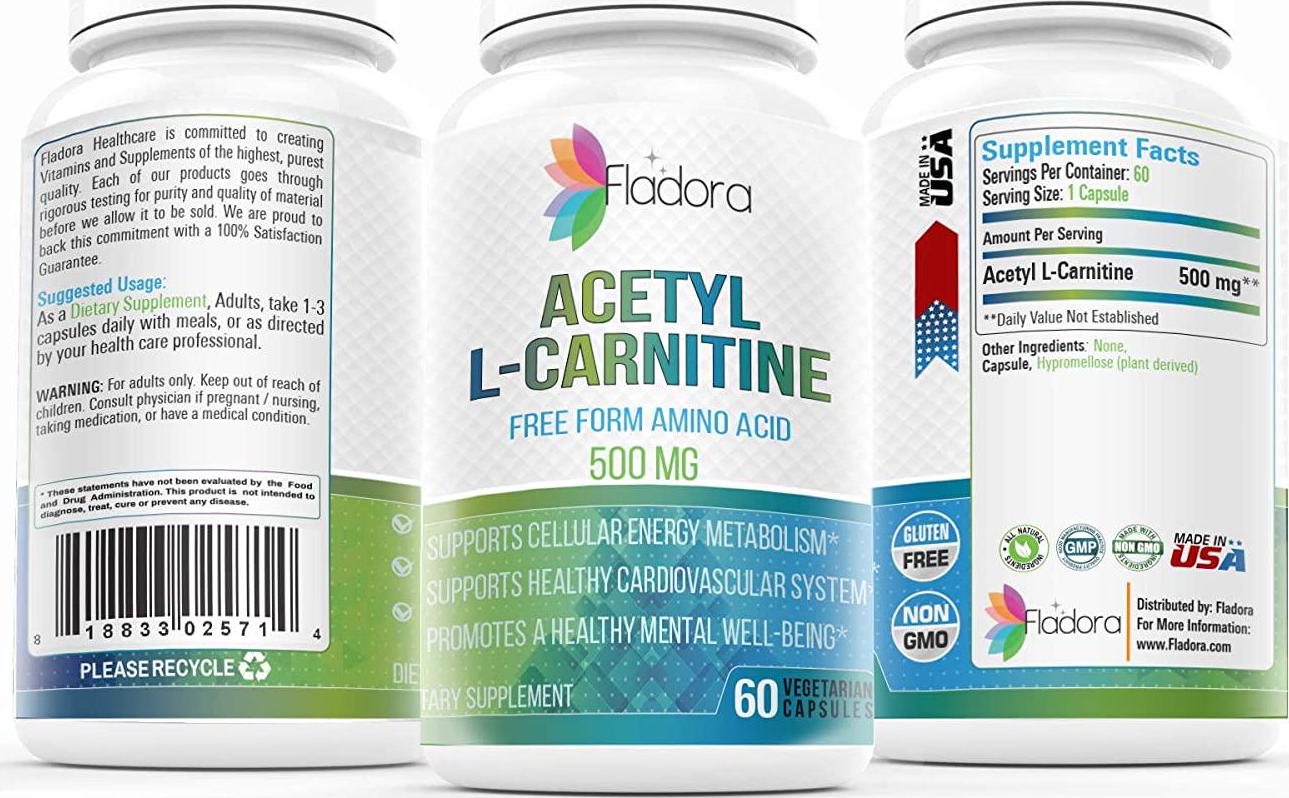 Acetyl L-Carnitine 500mg, Nootropic Supports High Energy Production, Cardiovascular Health and Cognition, Wholefood Dietary Supplement by Fladora, 60 Vegetarian Capsules, Non-GMO and Gluten Free