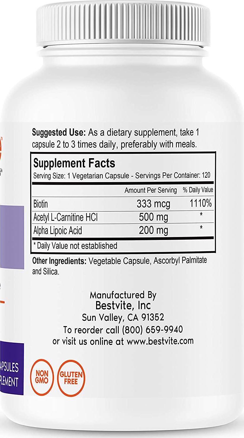 Acetyl L-Carnitine 500mg and Alpha Lipoic Acid 200mg per Capsule with Biotin (120 Vegetarian Capsules) - No Stearates - Vegan - Non GMO - Gluten Free