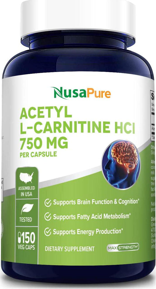 Acetyl L-Carnitine 750mg Per Caps 150 Veggie Capsules (Non-GMO and Gluten Free) High Potency Acetyl L Carnitine HCL (ALCAR) Supplement Pills