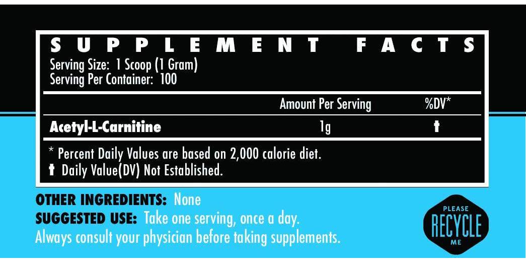 Acetyl L-Carnitine (ALCAR) Bulk Powder 100g | Supplement for Energy, Mental Focus, Fat Metabolization and Fat Loss, Fatty Acid Transporter Amino