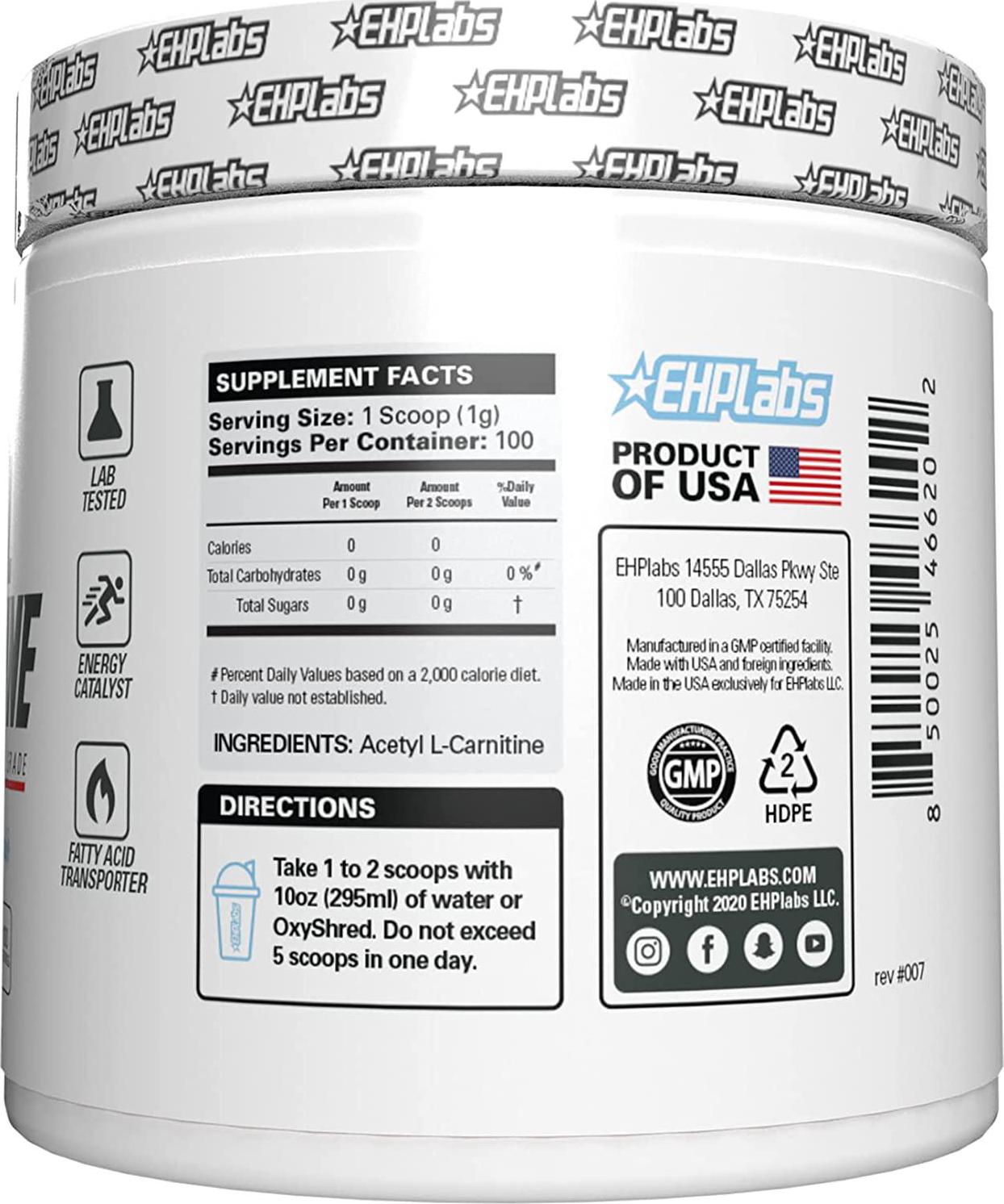 Acetyl L-Carnitine by EHPlabs - Weight Loss Support, Helps Boost Energy Production, Memory and Focus, Non-GMO, Vegan, Gluten Free - 100 Serves