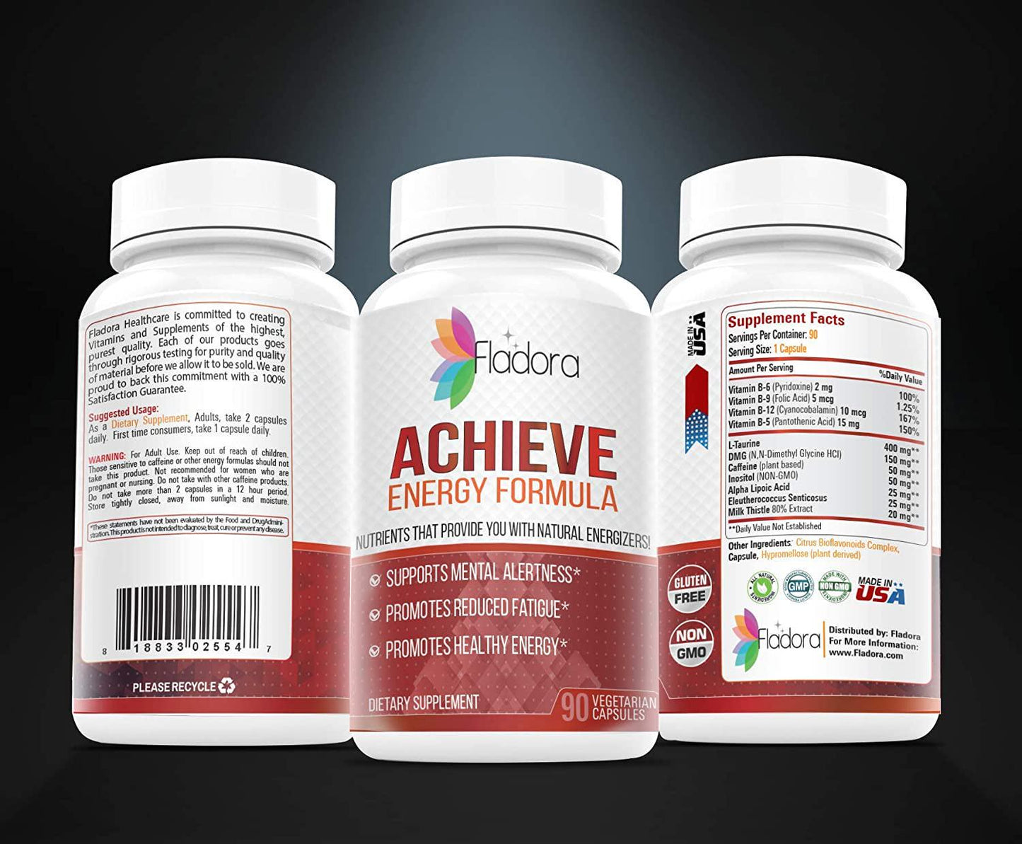 Achieve Energy Formula – Multivitamin Complex with L-taurine and B Vitamins, Supports Focus, Clarity – Nootropic Smart Energy and Vitality Booster Dietary Supplement, 90 Vegetarian Capsules by Fladora