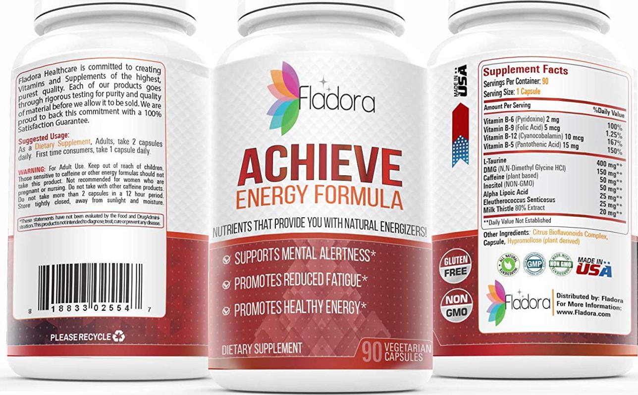 Achieve Energy Formula – Multivitamin Complex with L-taurine and B Vitamins, Supports Focus, Clarity – Nootropic Smart Energy and Vitality Booster Dietary Supplement, 90 Vegetarian Capsules by Fladora