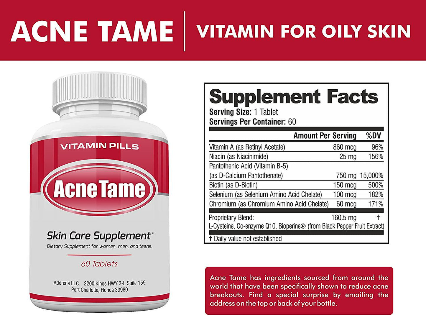 Acne Tame- Clear Skin Supplements Pill- Best Tablets for Oily Skin and a Glowing Complexion | Vitamin Pills for Women and Men That May Help Some Spots and Blemishes