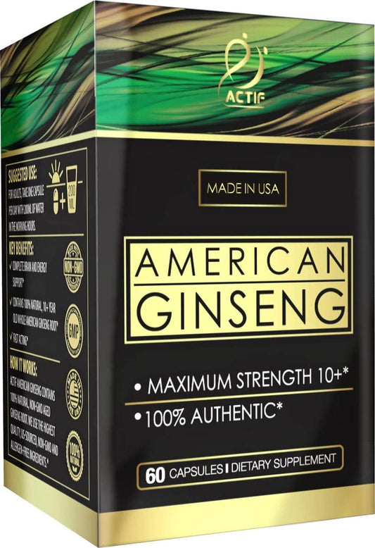 Actif American Ginseng - 100% Authentic 10 Year Old Ginseng, Non-GMO, 500mg - Made in USA