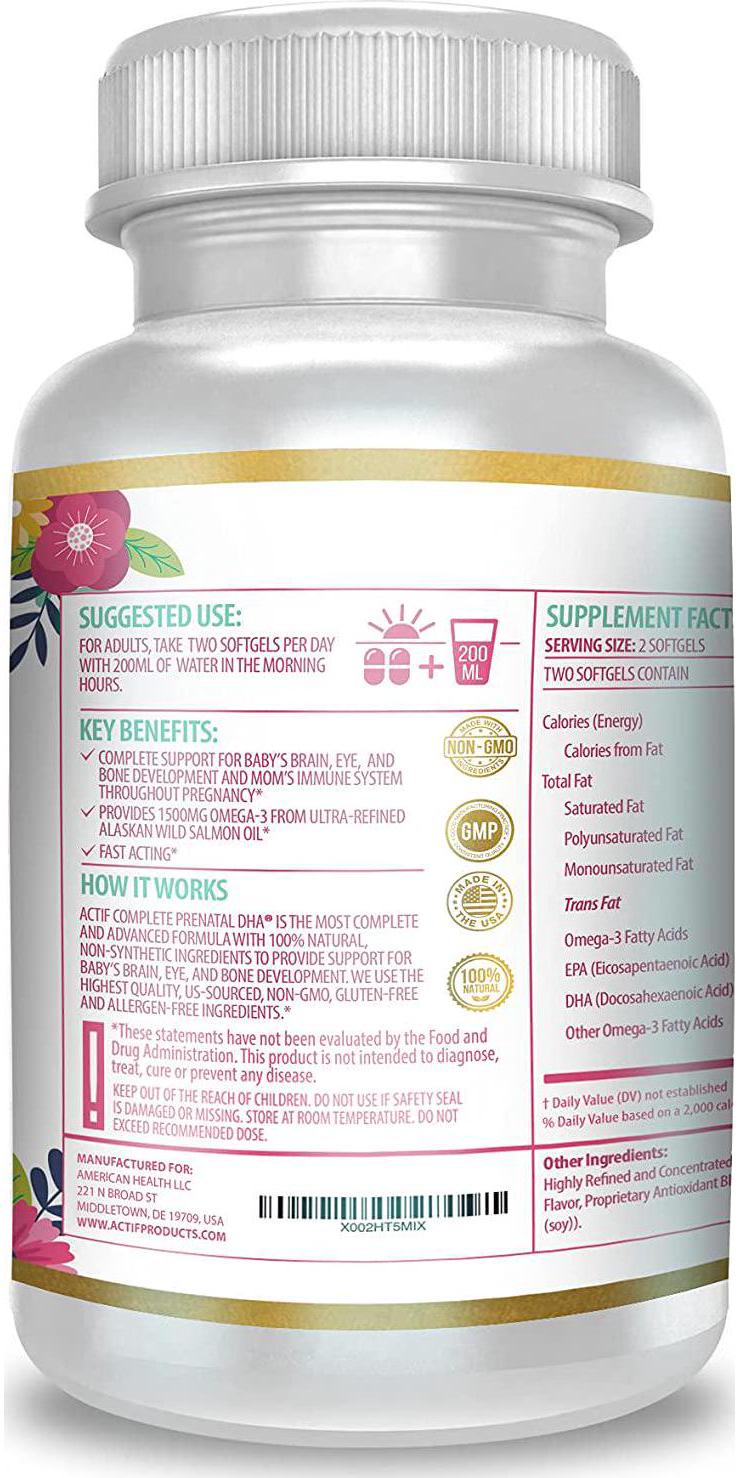 Actif Complete Prenatal DHA with 1500mg Omega-3, 100% Natural, Organic DHA, EPA, Omega 3 - Non-GMO, 90 count