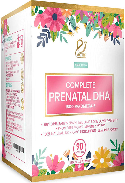 Actif Complete Prenatal DHA with 1500mg Omega-3, 100% Natural, Organic DHA, EPA, Omega 3 - Non-GMO, 90 count