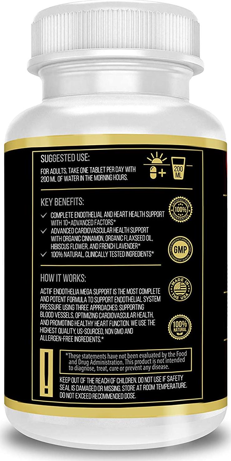 Actif Endothelial Mega Support with 10+ Factors, Maximum Endothelial System Support, Non-GMO, 60 Count
