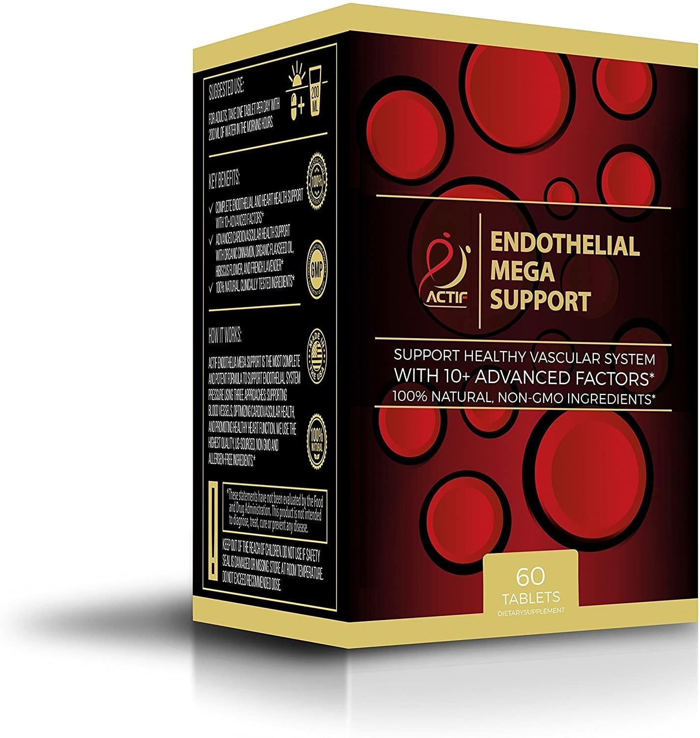 Actif Endothelial Mega Support with 10+ Factors, Maximum Endothelial System Support, Non-GMO, 60 Count