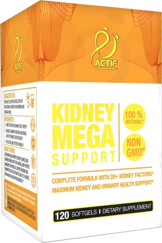 Actif Kidney Mega Support with 10+ Advanced Factors, Non-GMO, Fast Acting, Made in USA, 120 Count